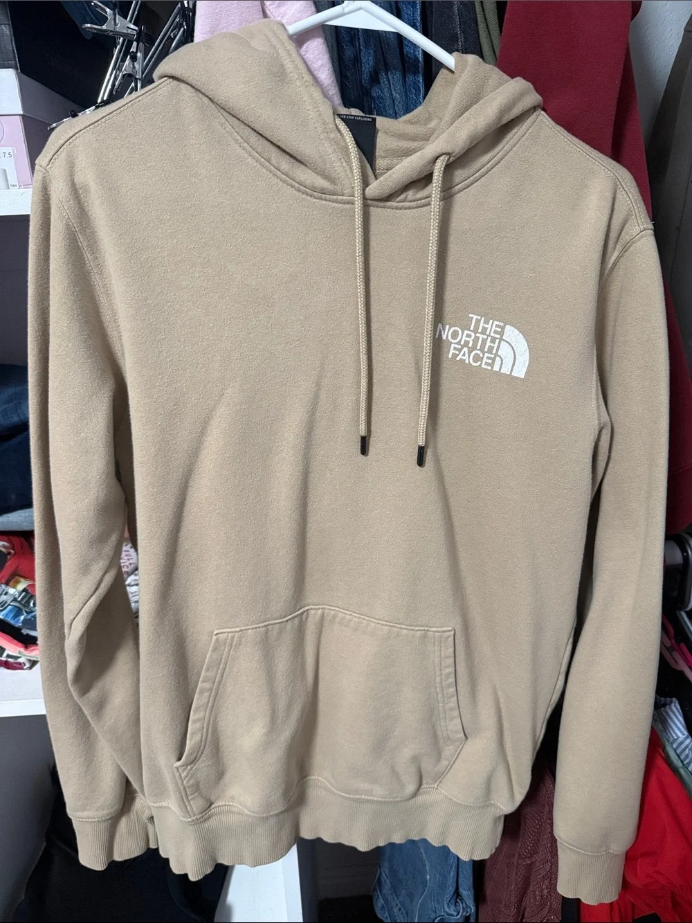 The North Face Men's Tan Crewneck Hoodie with White Logo Graphic